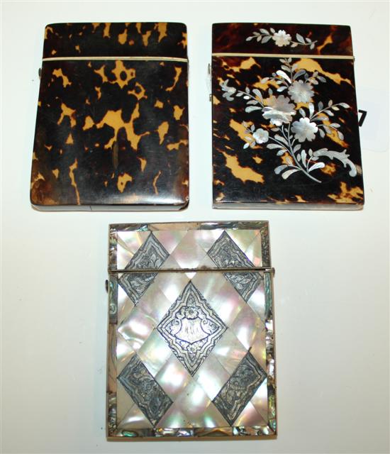 Foliate abalone-inlaid tortoiseshell card case, plain tortoiseshell case & an abalone & white metal case (3)